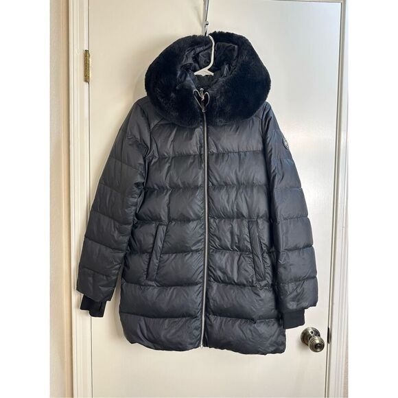 Michael Kors size XS black DOWN coat long puffer with hood and inner bib - Picture 1 of 12